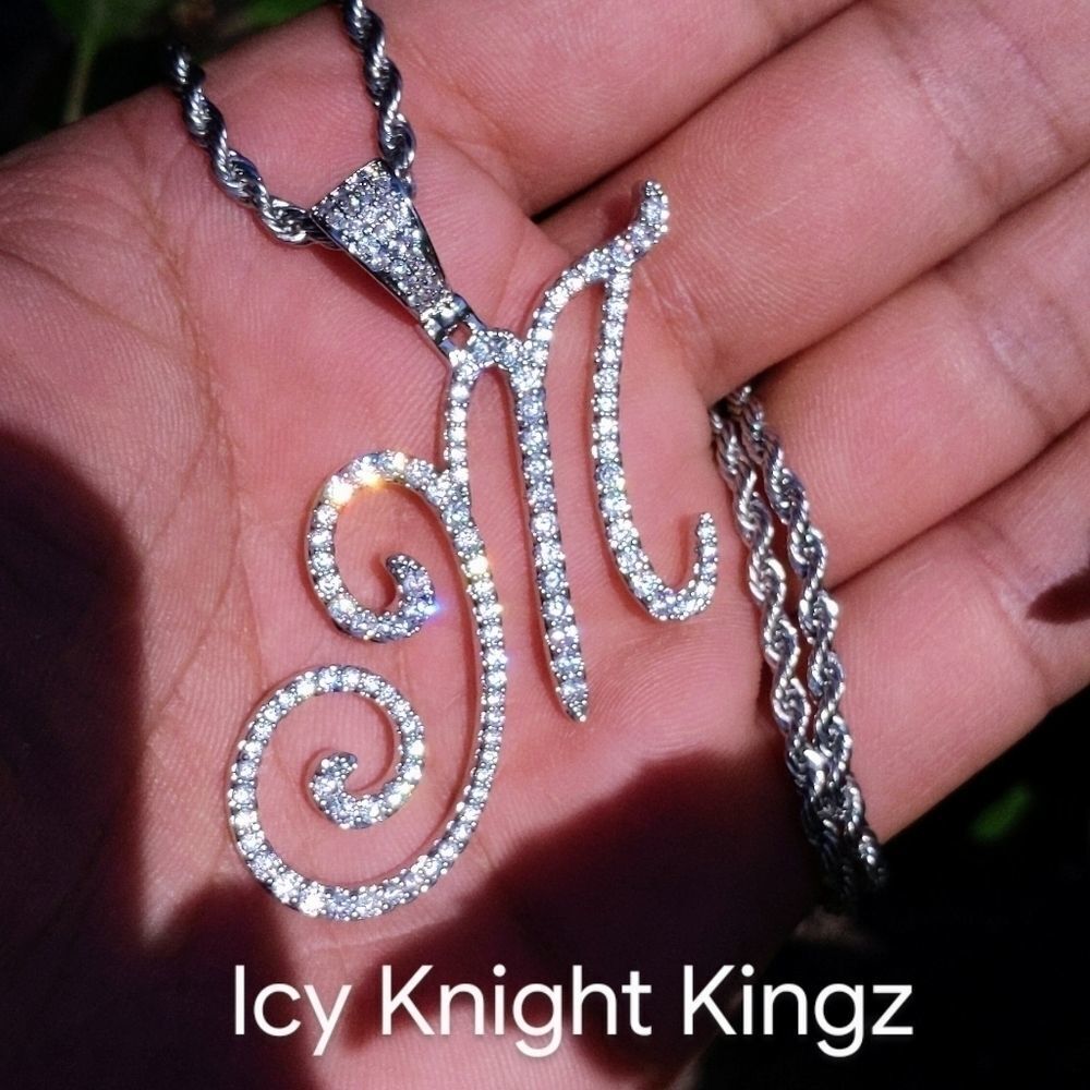 18"Rope Chain - White Finish Cursive Initial M. - image 1